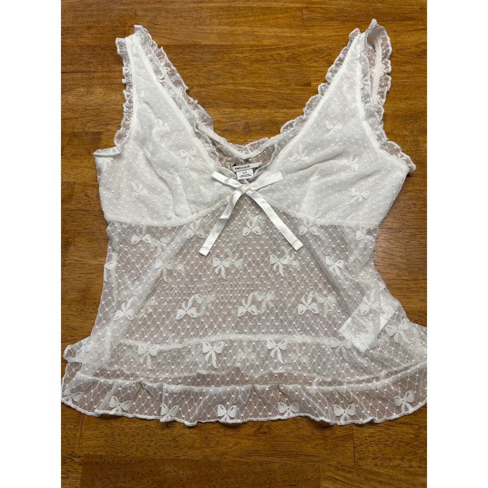 Kimchi Blue White Lace Bow Camisole Sheer Coquette Ruffle Tank Top Medium